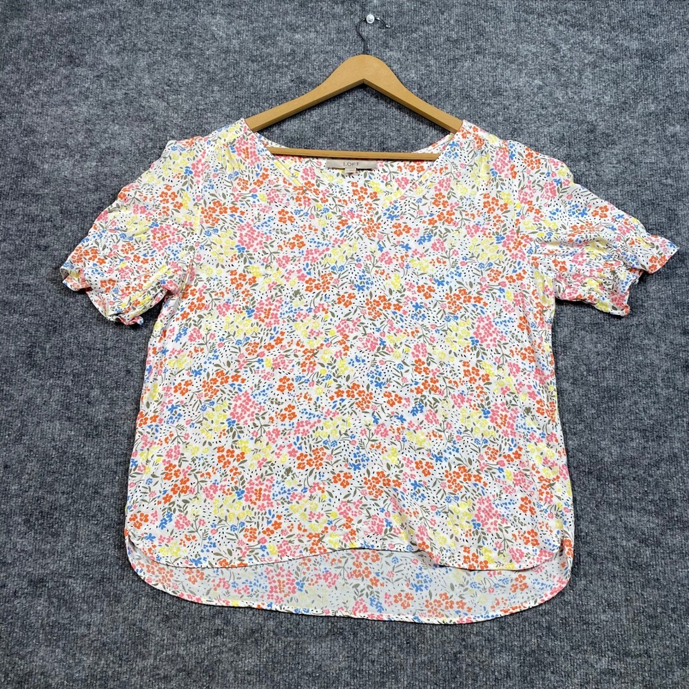 LOFT Womens Floral V-Neck Puff Sleeve Blouse White Multi Color Rayon Top Large‎